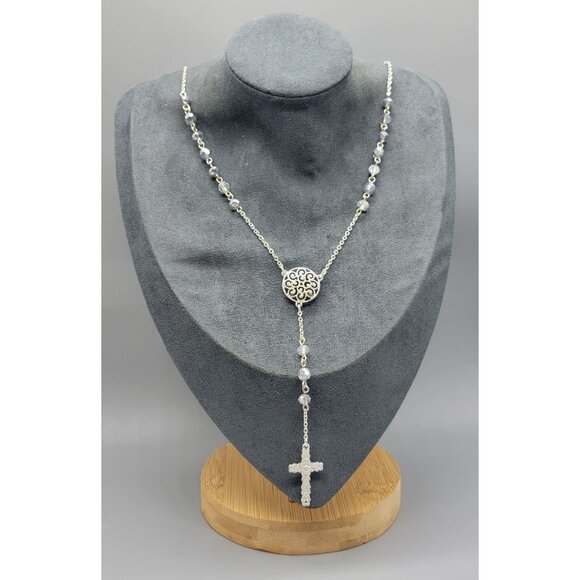 Vintage Avon NRQ Silver Tone Faceted Beaded Dangle Cross Chain Necklace N1D - Picture 1 of 7